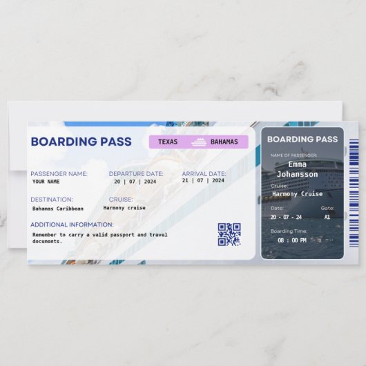 Editable Cruise Ticket Surprise Boarding Pass Kaart (Achterkant)
