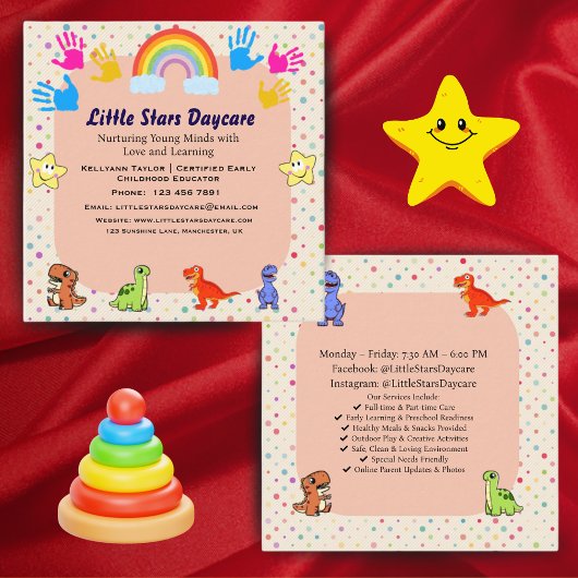 Editable Cute Rainbow Dino Preschool Card Design Vierkante Visitekaartje