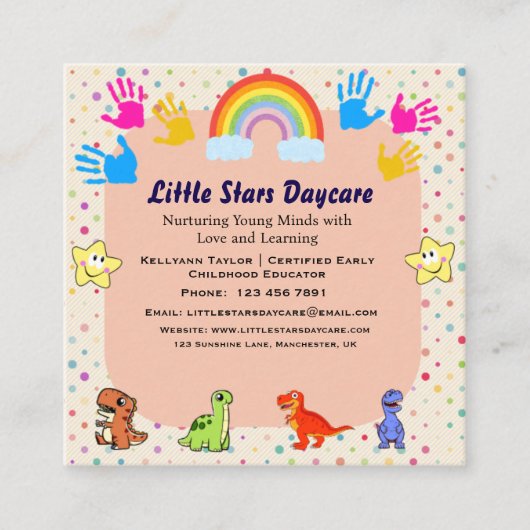 Editable Cute Rainbow Dino Preschool Card Design Vierkante Visitekaartje (Voorkant)
