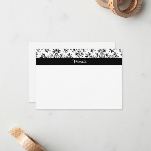Editable  Damask Daisy Floral Art Note Card Notitiekaartje (Voorkant / Achterkant in situ)
