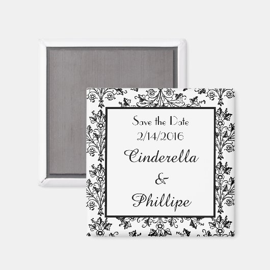 Editable Damask sparen de Datum  Floral Squar Magneet (Voorkant / Achterkant)