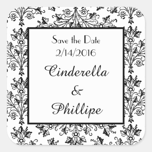 Editable Damask sparen de Floral van de Datum Vierkante Sticker (Voorkant)