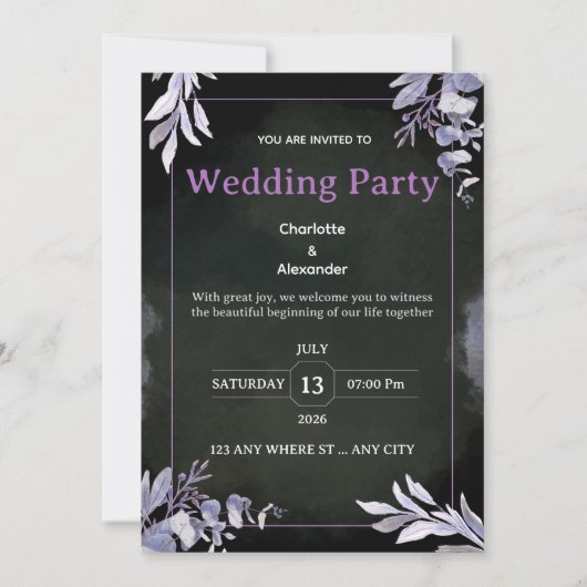 Editable Dark Botanical Wedding Invitation Kaart (Voorkant)