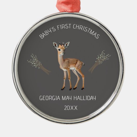 Editable Deer and Cattails Baby's Eerste Kerstmis Metalen Ornament (Voorkant)