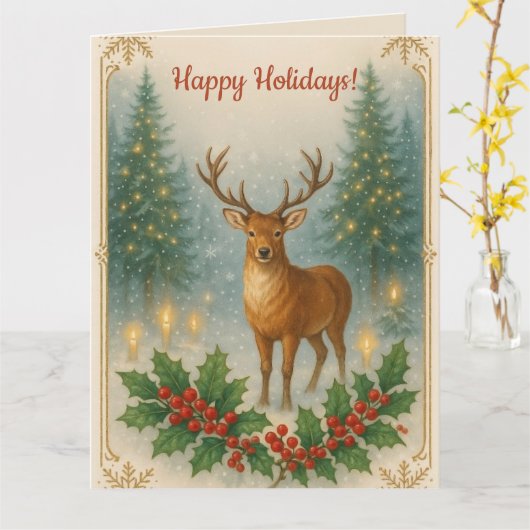 Editable Deer and Holly Happy Holidays Kaart (Gele Bloem)