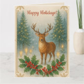 Editable Deer and Holly Happy Holidays Kaart (Voorkant)