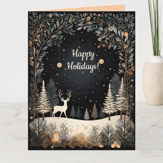 Editable Deer in the Woods Happy Holidays Kaart (Voorkant)