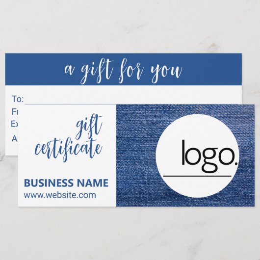 EDITABLE DENIM BLUE LOGO BUSINESS GIFT CERTIFICAAT (Voorkant / Achterkant)