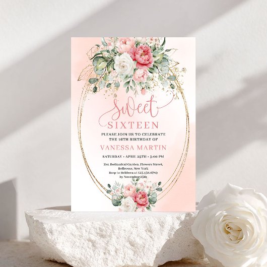 Editable Digital Blush Gold Sweet Sixteen Invite Kaart