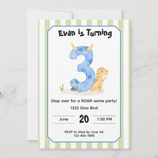 Editable Dinosaur 3rd Birthday Invitation  Kaart (Voorkant)