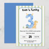 Editable Dinosaur 3rd Birthday Invitation  Kaart (Voorkant / Achterkant)