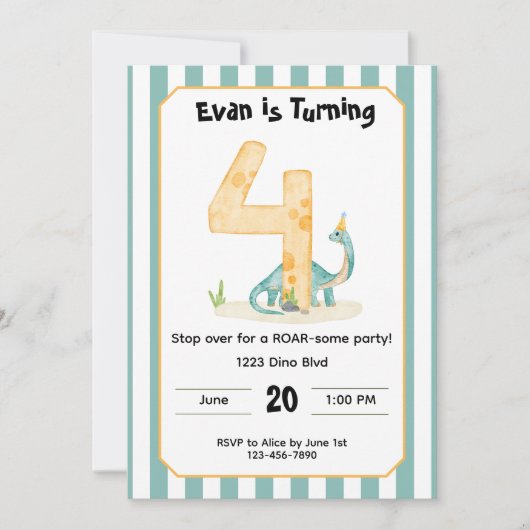 Editable Dinosaur 4th Birthday Invitation  Kaart (Voorkant)