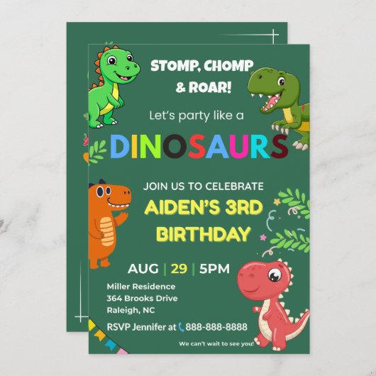 Editable Dinosaur Birthday Invitation Kaart (Voorkant / Achterkant)