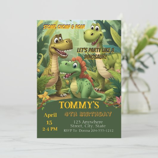 Editable Dinosaur Birthday Invitation Template Kaart (Staand voorkant)