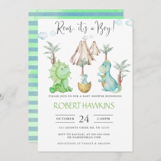 Editable Dinosaur Boy Baby shower Kaart (Voorkant / Achterkant)