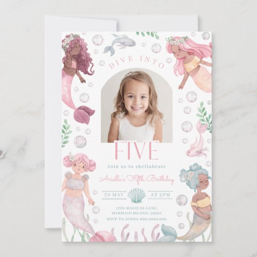 Editable Dive Into Five Mermaid Invitation Kaart (Voorkant)