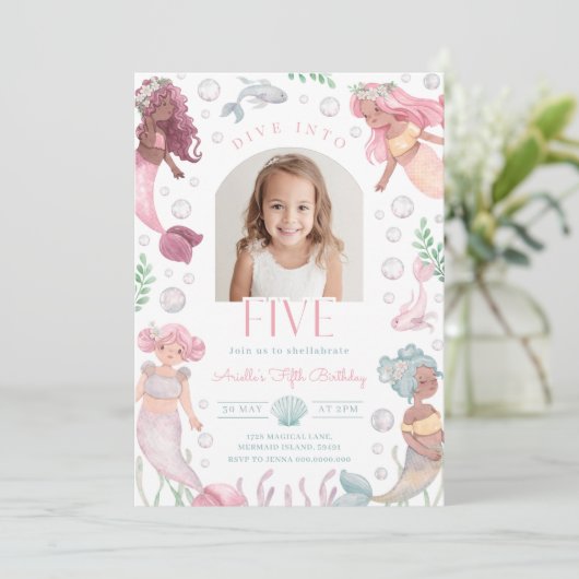 Editable Dive Into Five Mermaid Invitation Kaart (Staand voorkant)