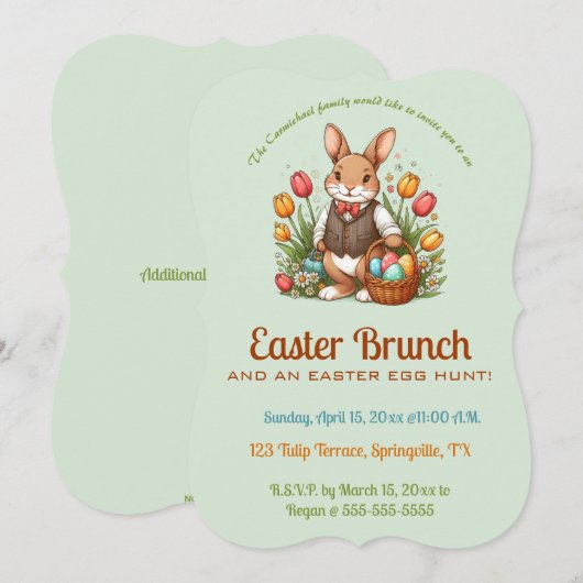 Editable Easter Brunch Egg Hunt Bunny and Tulips Kaart (Voorkant / Achterkant)