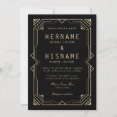 Editable Elegant Black Art Deco QR RSVP Wedding Kaart (Voorkant)