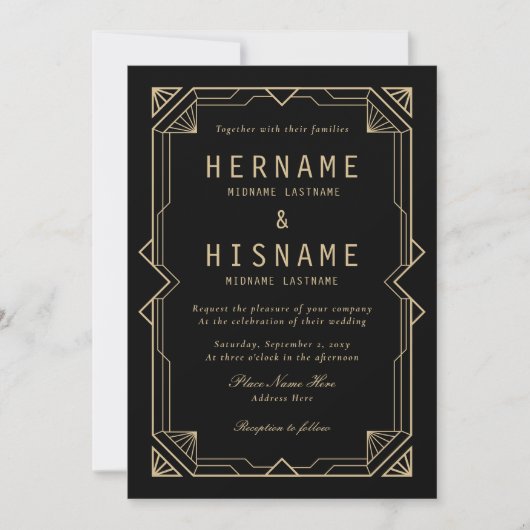 Editable Elegant Black Art Deco QR RSVP Wedding Kaart (Voorkant)