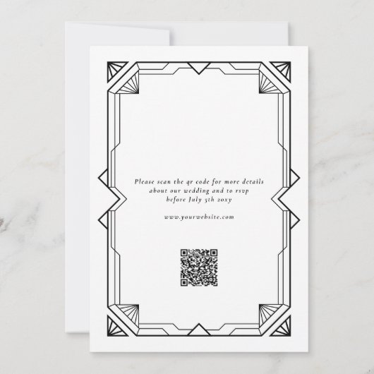 Editable Elegant Black Art Deco QR RSVP Wedding Kaart (Achterkant)
