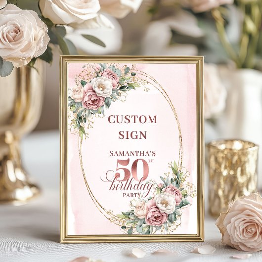 Editable Elegant Greenery 50 Birthday Custom Sign Poster