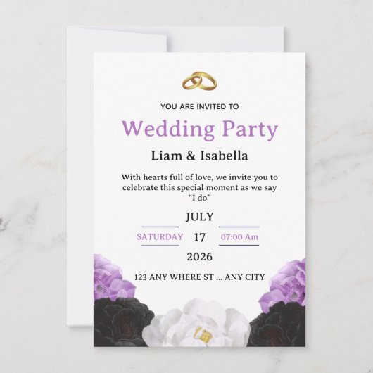 Editable Elegant Purple Floral Wedding Invitation Kaart (Voorkant)