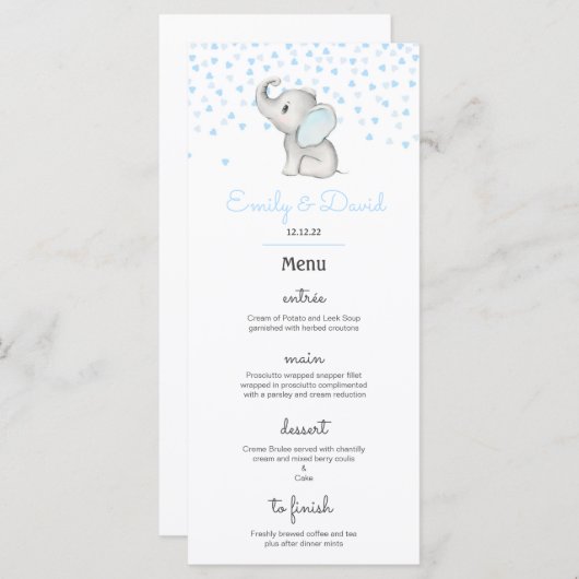 Editable Elephant Party Menu, Baby shower Menu (Voorkant / Achterkant)