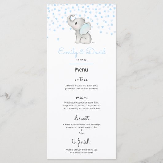 Editable Elephant Party Menu, Baby shower Menu (Voorkant)