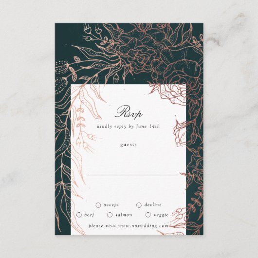 Editable Emerald Flower Wreath Copper Folie Weddin RSVP Kaartje (Voorkant)
