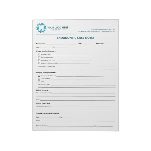 Editable Endodontic Treatment Progress Notepad Notitieblok (Linkerzijde)