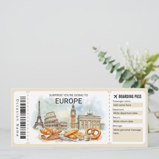 Editable Europe Trip Boarding Pass Ticket Kaart (Staand voorkant)