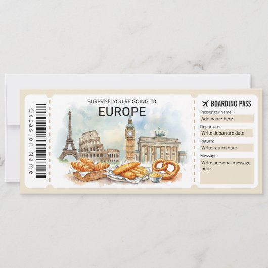 Editable Europe Trip Boarding Pass Ticket Kaart (Voorkant)