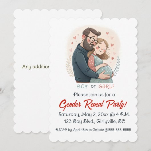 Editable Expectant Parents Hearts Gender Reveal Kaart (Voorkant / Achterkant)