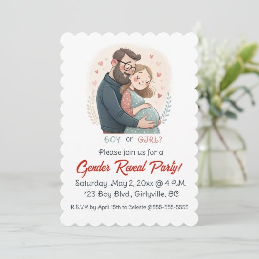 Editable Expectant Parents Hearts Gender Reveal Kaart (Staand voorkant)