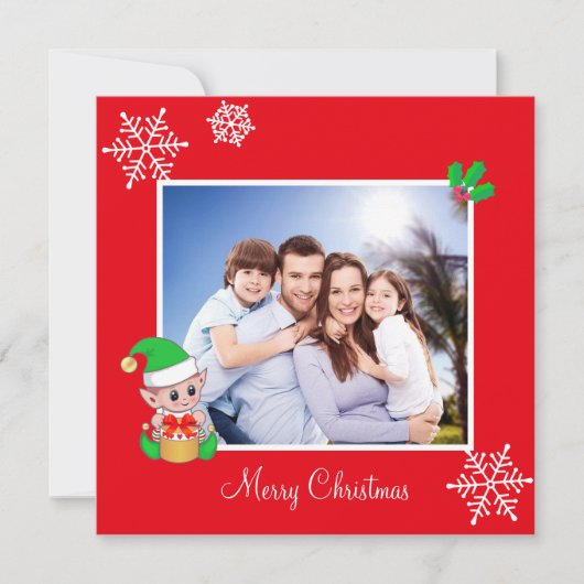 Editable Family Photo & Cute Elf op Red Kerstmis (Voorkant)