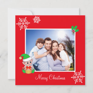 Editable Family Photo & Cute Elf op Red Kerstmis