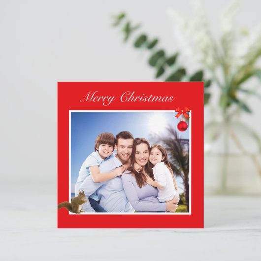 Editable Family Photo & Squirrel on Red Kerstmis (Staand voorkant)