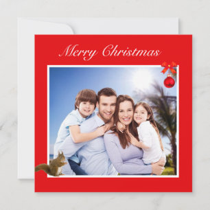 Editable Family Photo & Squirrel on Red Kerstmis