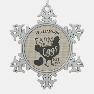 Editable Farmhouse Style Family Boerderij Eggs Tin Sneeuwvlok Ornament