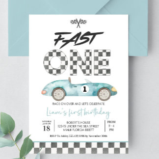 Editable Fast ONE Birthday Invitation Race Car 1st Kaart