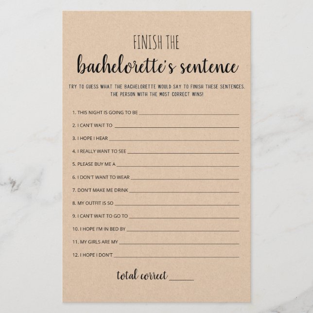 Editable Finish the Bachelorette's Sentence Game (Voorkant)