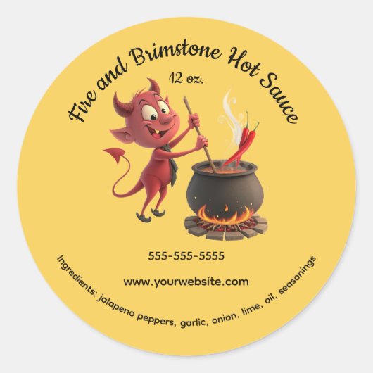 Editable Fire and Brimstone Devil Hot Sauce Ronde Sticker (Voorkant)