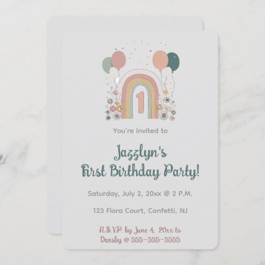  Editable First Birthday Party Invitation Kaart (Voorkant / Achterkant)