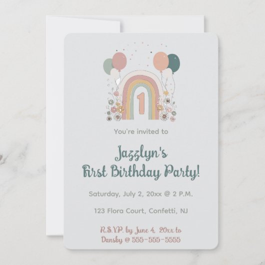  Editable First Birthday Party Invitation Kaart (Voorkant)