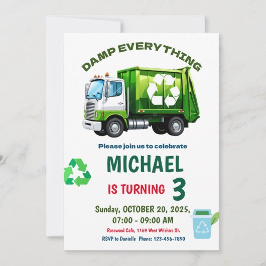 Editable Garbage Truck Birthday Party Invitation Kaart (Voorkant)