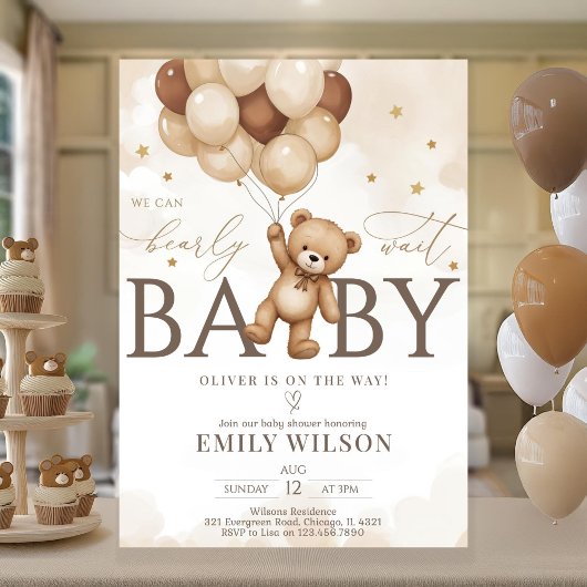 EDITABLE Gender Neutral Bear Baby Shower Invitatio Kaart
