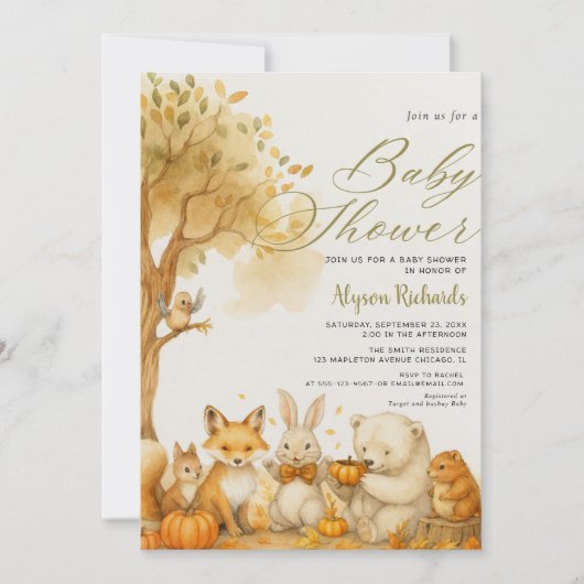 Editable Gender Neutral Fall Woodland Baby Shower Kaart (Voorkant)