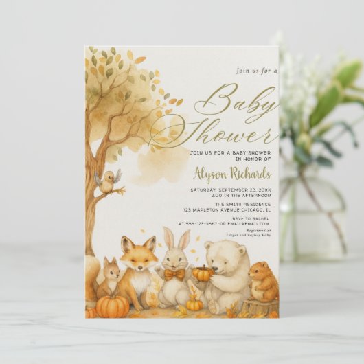 Editable Gender Neutral Fall Woodland Baby Shower Kaart (Staand voorkant)