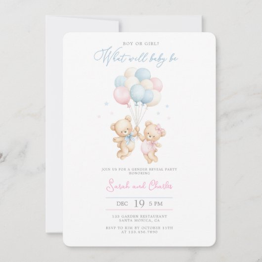 Editable Gender Reveal Bear Baby Shower Invitation Kaart (Voorkant)